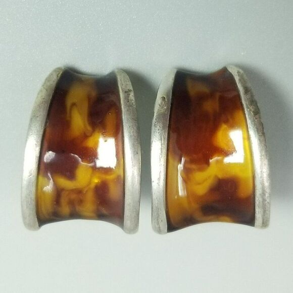 Vintage Anne Kline Tiger Eye Large Curved Stud Earrings Pierced, Silver Tone - Picture 2 of 8